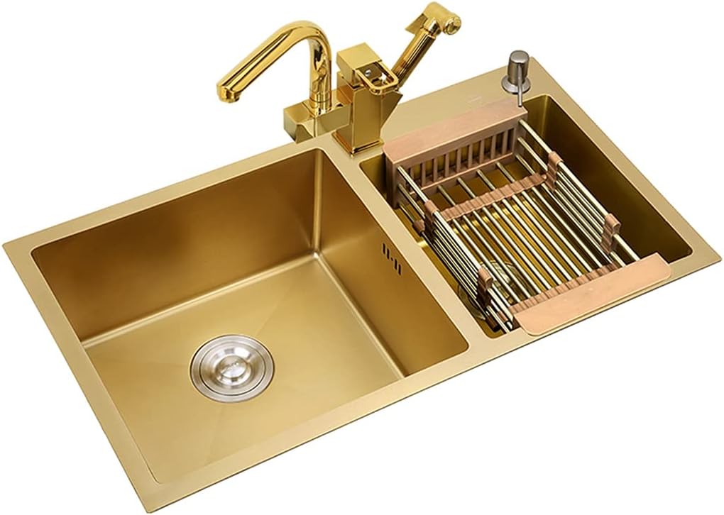 KITCHEN SINK Brushed Gold Double Bowls with Multi-functional Pull-Out Faucet and Drain Pipe Suitable for Kitchen Courtyard Office Bar Laundry Trough (Color : Gold, Size : 82×45×22cm) (Gold 82×45×2