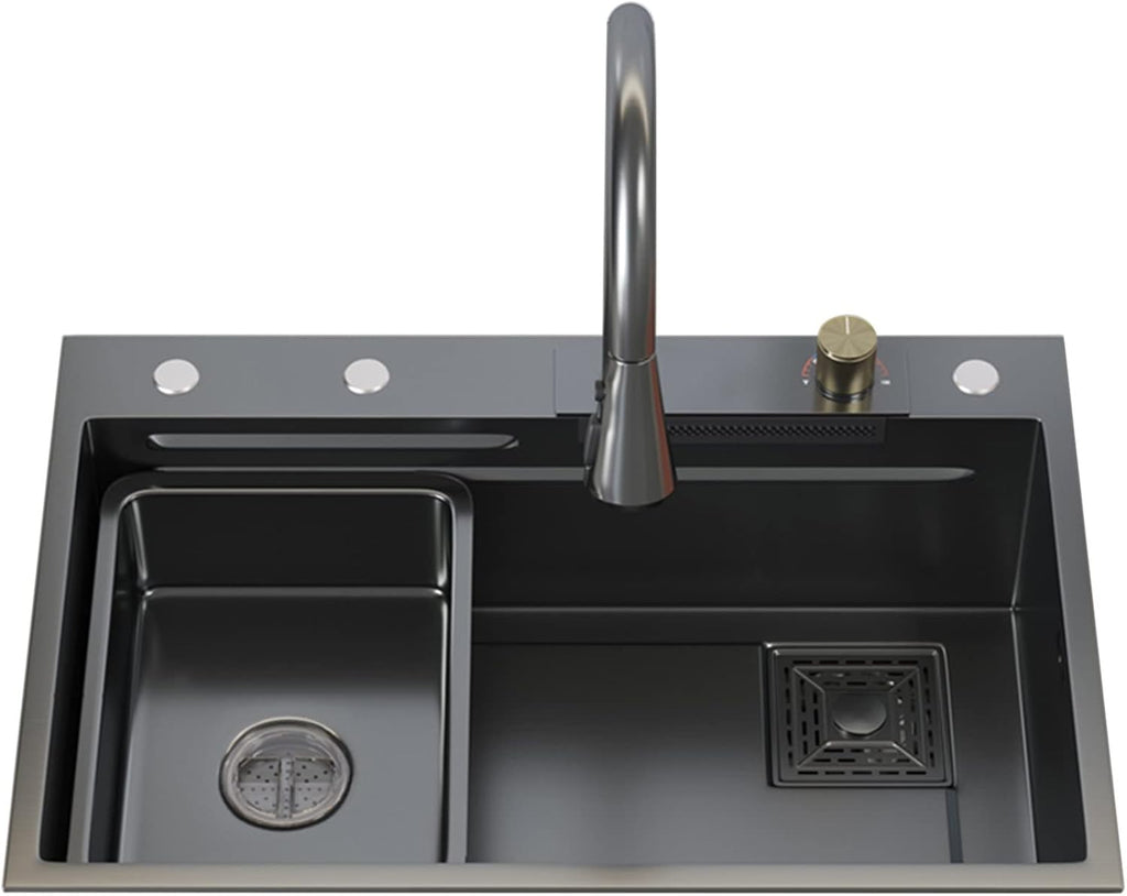 Black Single-Bowl Kitchen Sink 304 Stainless Steel Waterfall Bar Sink Multi-Function Rv Sink with Pull-Type Faucet and Installation Cponents Top Mount Or Under Mount (Color : Black, Siz