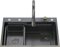 Black Single-Bowl Kitchen Sink 304 Stainless Steel Waterfall Bar Sink Multi-Function Rv Sink with Pull-Type Faucet and Installation Cponents Top Mount Or Under Mount (Color : Black, Siz