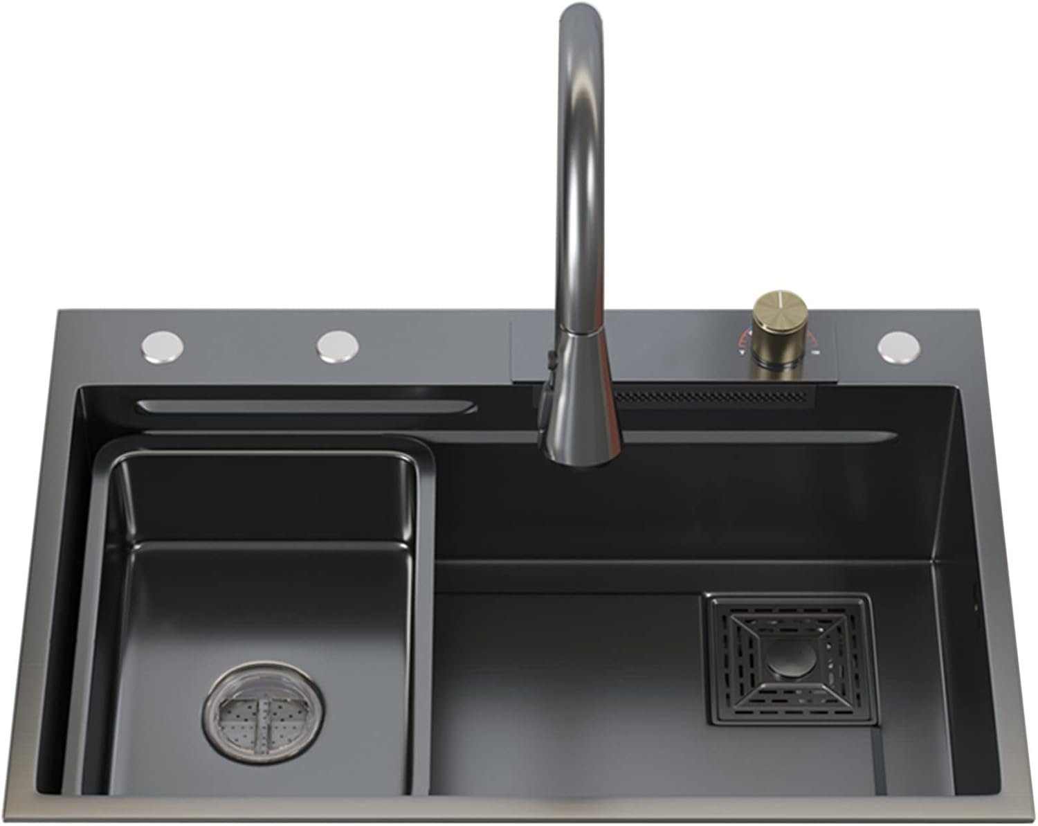Black Single-Bowl Kitchen Sink 304 Stainless Steel Waterfall Bar Sink Multi-Function Rv Sink with Pull-Type Faucet and Installation Cponents Top Mount Or Under Mount (Color : Black, Siz