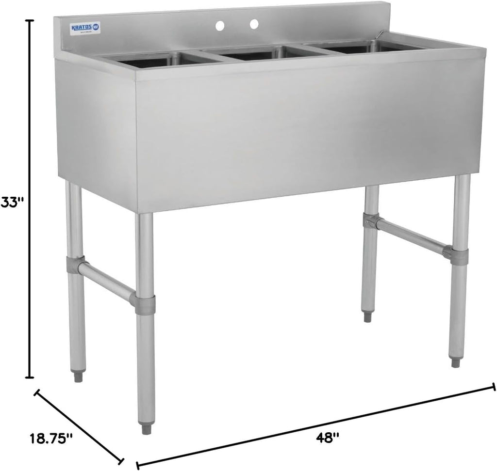 Kratos 29N-034 Underbar Compartment Sink, 3 Bowls, 48'Wx18.75'Dx33'H, Left Drainboard (Faucet Sold Separately)