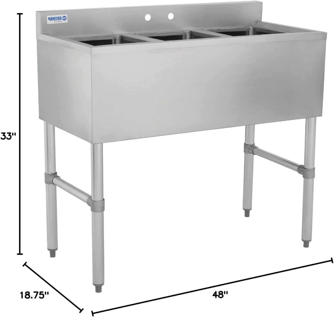 Kratos 29N-034 Underbar Compartment Sink, 3 Bowls, 48'Wx18.75'Dx33'H, Left Drainboard (Faucet Sold Separately)