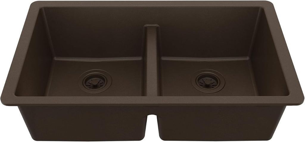 Karran 32' Brown Quartz Composite Undermount Double Bowl Kitchen Sink with Low Divider – 50/50 Equal Bowl, 80% Natural Quartz, 535°F Heat Resistant, Sound Dampening, QU-810