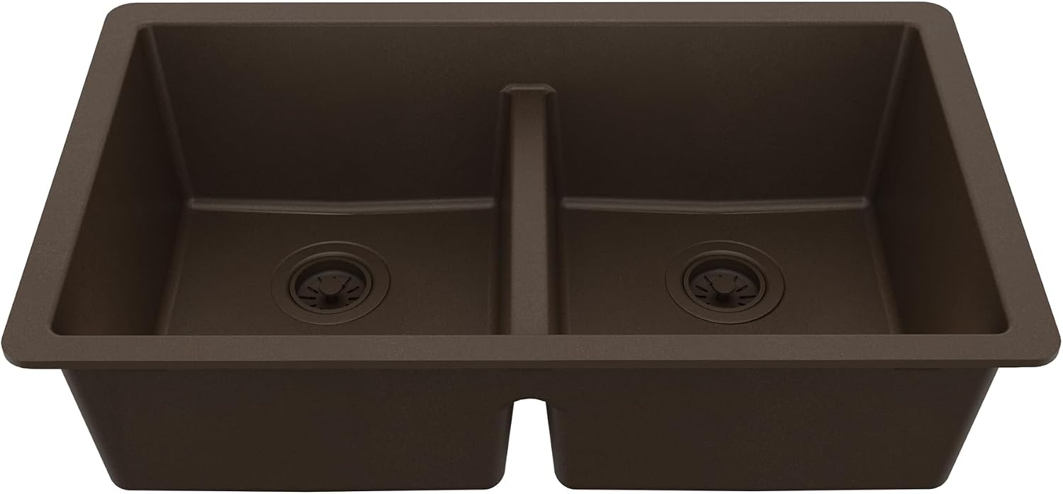Karran 32' Brown Quartz Composite Undermount Double Bowl Kitchen Sink with Low Divider – 50/50 Equal Bowl, 80% Natural Quartz, 535°F Heat Resistant, Sound Dampening, QU-810