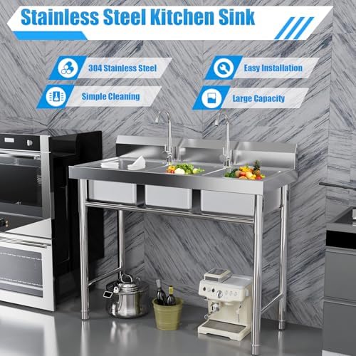 3-Compartment Sink, Stainless Steel Utility Sink with Hot & Cold Faucets, Freestanding Commercial Triple Bowl Kitchen Sink for Bars and Kitchens