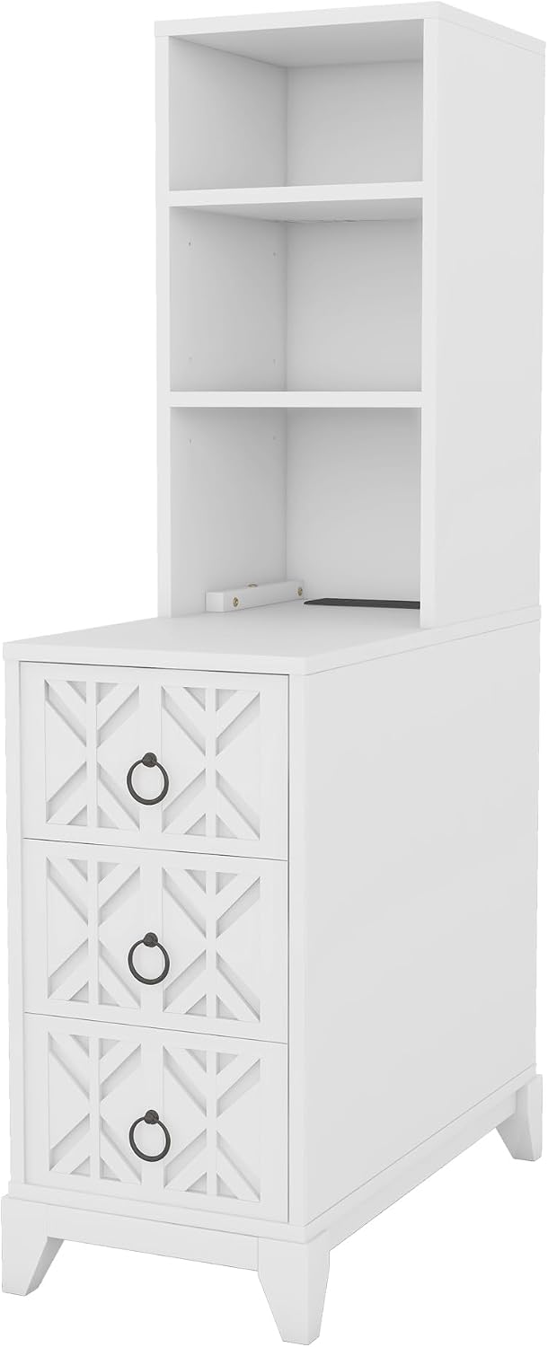 Mirightone Tall End Table with 3-Drawer and Shelves, Narrow Side Table with Charging Station, High Slim Corner Cabinet Bedside Table with Storage Bookcase for Living Room Bedroom, White