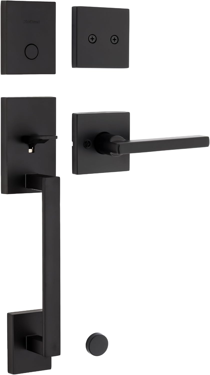 Kwikset San Clemente Non-Functioning Front Door Lock Handle, Inactive Deadbolt and Interior Door Handle, Dummy Handleset Exterior with Interior Reversible Lever, Matte Black with Microban Protection
