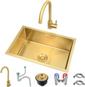 304 Stainless Steel Kitchen Sink Gold Nano Single Bowl Bar Sink Multi-Functional Household RV Sink with Large Bend Faucet & Drainage Component (Color : Gold, Size : 45x45x21cm) (Gold 36x36x21cm)