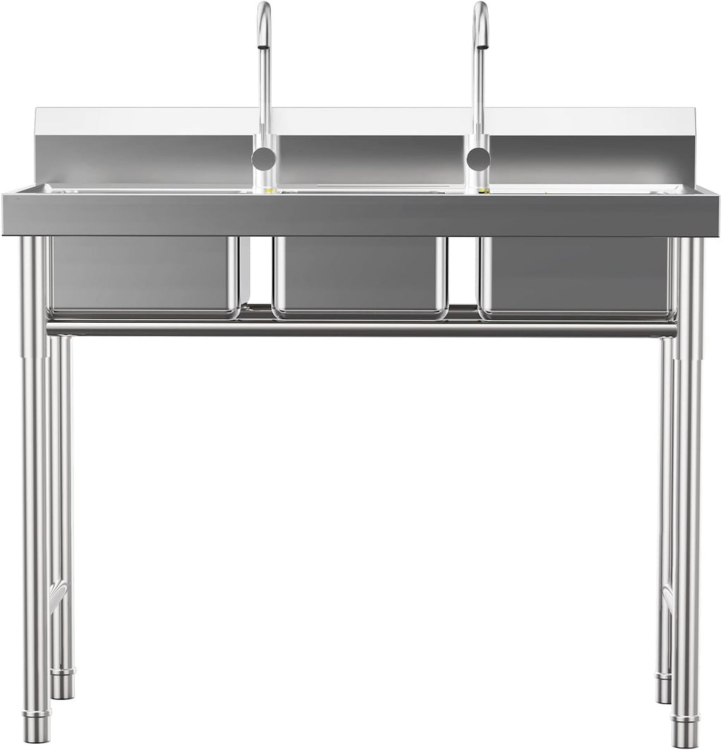 Free Standing Three Bowl Kitchen Sink Set, 3 Compartment Commercial Kitchen Sink Stainless Steel Restaurant/Garage Prep & Utility Sink 39' W x 17.7' D x 37.4' H