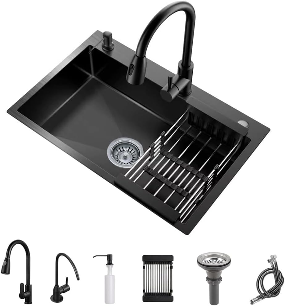 Black Kitchen Sink with Faucet, Deep Stainless Steel Single Bowl, Sink Drop In/Topmount Farmhouse Workstation Apartment Sink with Multiple Accessories (19.7x17.7 inch)