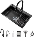 Black Kitchen Sink with Faucet, Deep Stainless Steel Single Bowl, Sink Drop In/Topmount Farmhouse Workstation Apartment Sink with Multiple Accessories (19.7x17.7 inch)