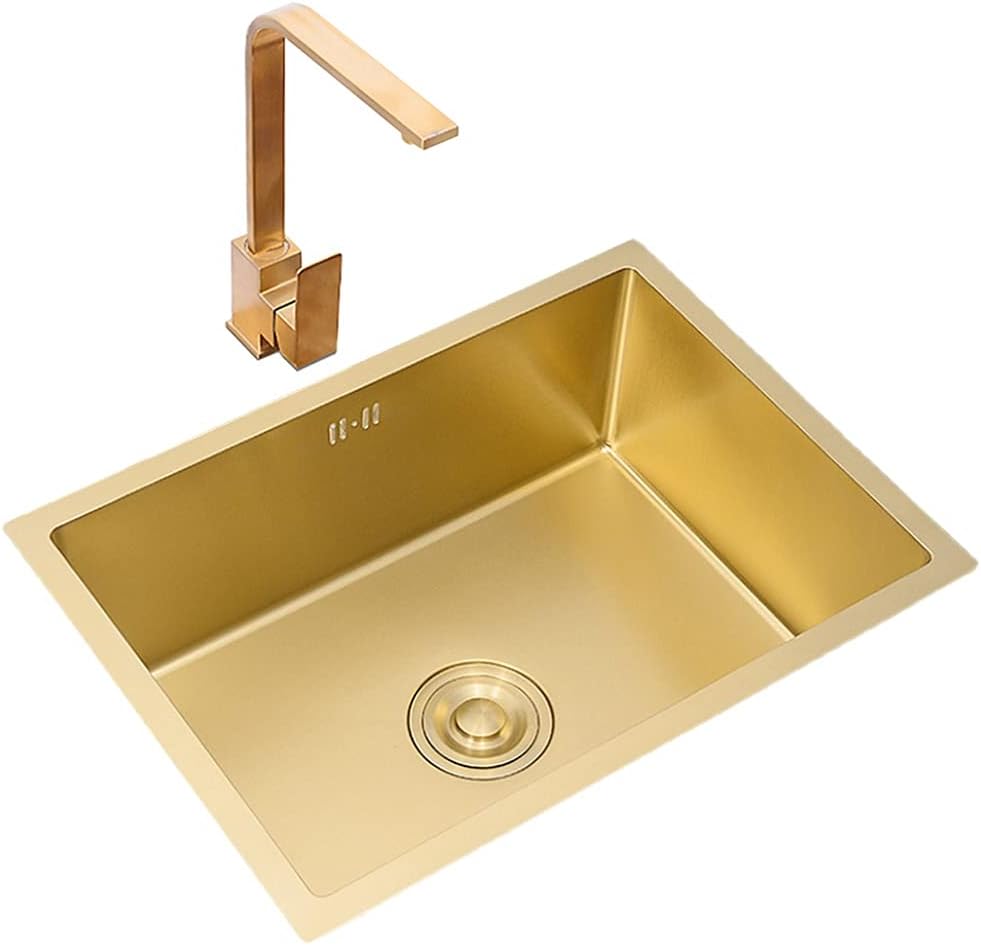 Kitchen Sink 31-inch Single Bowl Farmhouse Sink Drop-in Or Undermount Single Bowl Bar Counter Ready with Tap and Drain (Color : Gold, Size : 78×43×21cm) (Gold 78×43×21cm)