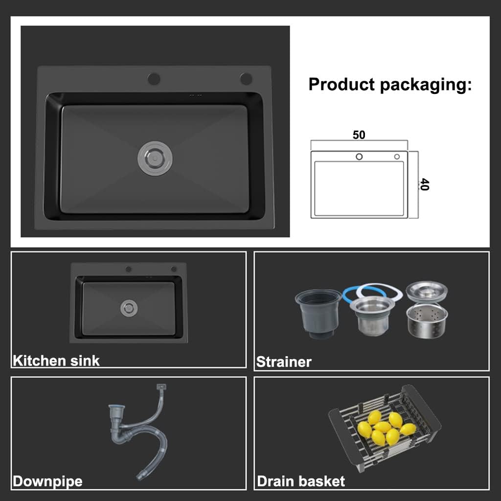 Kitchen Sink Black Square Single Bowl Kitchen Bar Prep Sink 304 Stainless Steel RV Sink Top Mount Or Undermount with Drain Pipe (Color : Black, Size : 50x40x22cm) (Black 50x40x22cm)