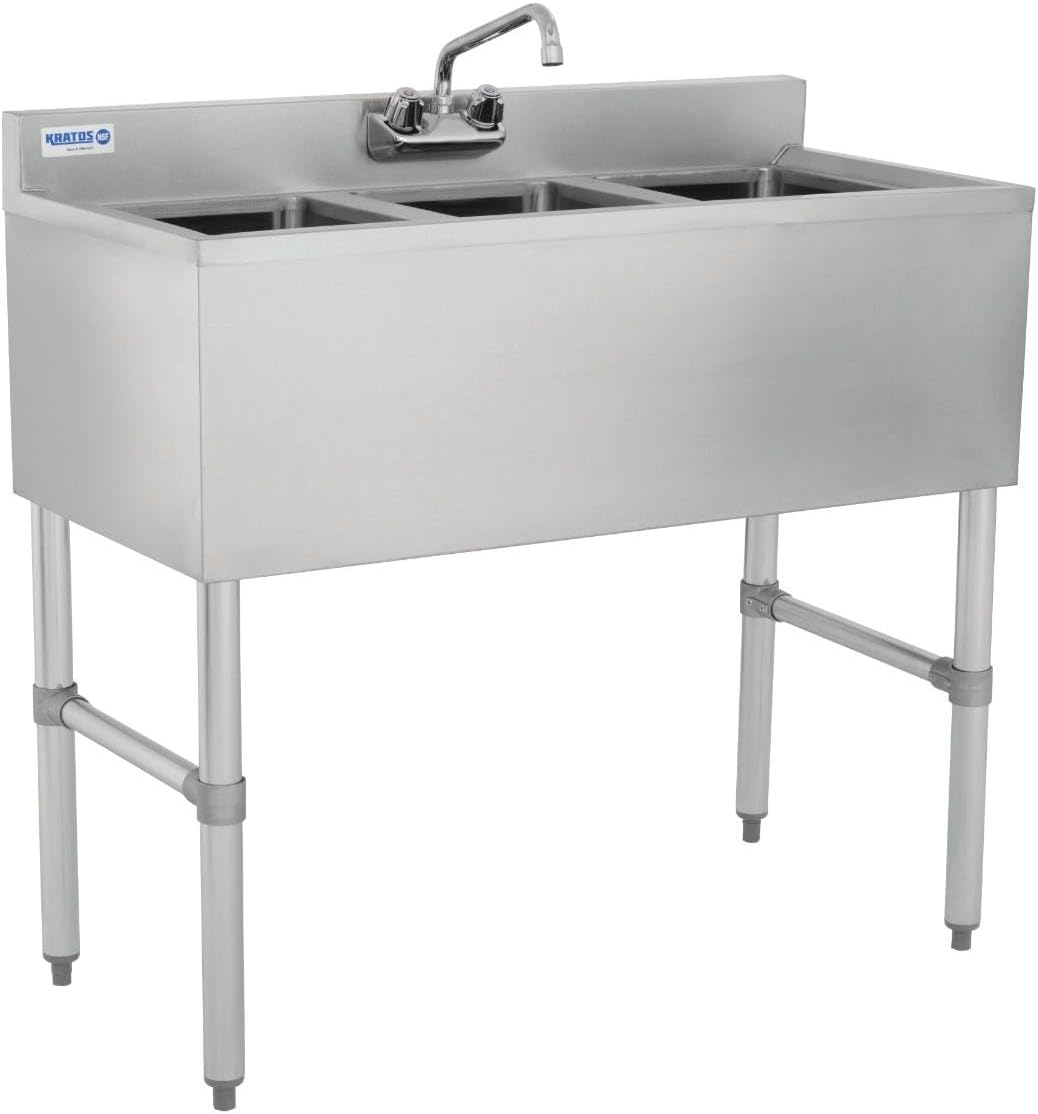 Kratos Commercial Restaurant Sink, 3-Bowl Underbar Compartment Sink with 2 Drainboards, 60'x18.75' (29N-036)