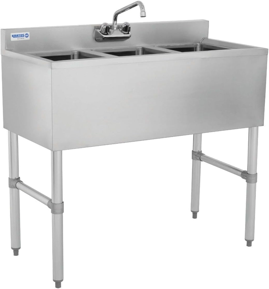 Kratos Commercial Restaurant Sink, 3-Bowl Underbar Compartment Sink with Right Drainboard, 48'x18.75' (29N-035)