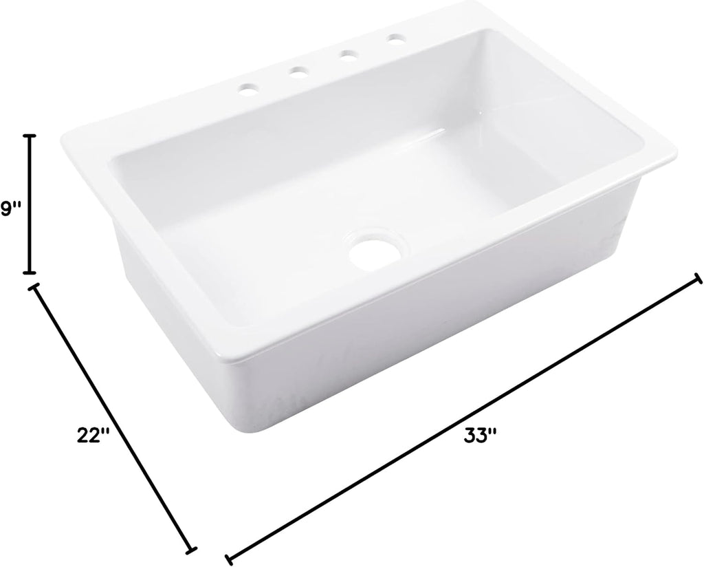Sinkology Jackson 33 Inch White Fireclay Drop-In Kitchen Sink, Single Bowl, 4 Faucet Holes, Fits 36 Inch Cabinet, Surefire Finish