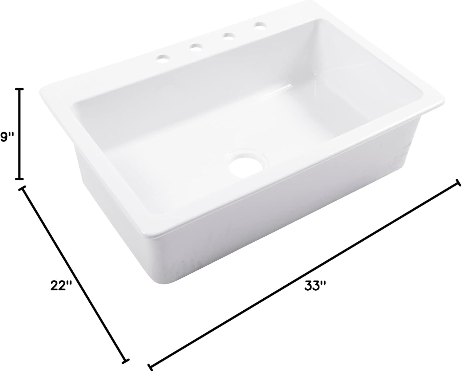 Sinkology Jackson 33 Inch White Fireclay Drop-In Kitchen Sink, Single Bowl, 4 Faucet Holes, Fits 36 Inch Cabinet, Surefire Finish