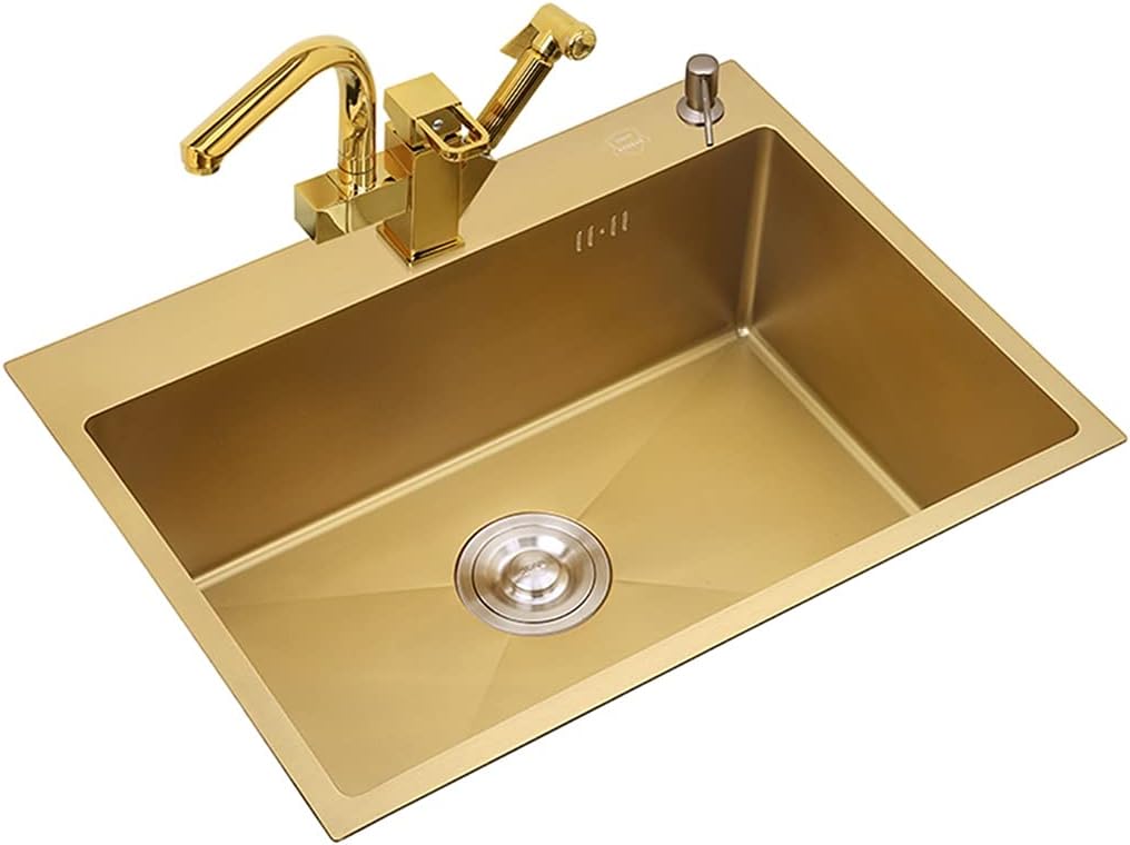 Kitchen Sink. Stainless Steel Metal Dishwashing Pool Brushed Gold Single Bowl with Multi-Functional Pull-Out Faucet & Drain Drop-in Or Undermount (Gold 60×45×21cm)