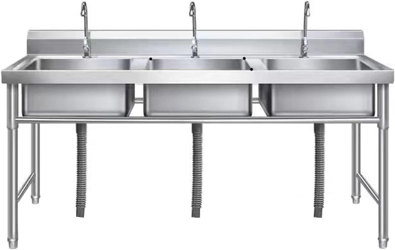 3-Compartment Stainless Steel Utility Sink Triple Bowl Freestanding Kitchen Sink, Commercial Sink Basin for Outdoor Garage Restaurant-100X50cm/39.3X19.6in