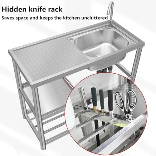Freestanding Utility Sink,Outdoor Sink Set,32/35/40in Utility Sink,Stainless Steel Sink,Free Standing Stainless-Steel Single Bowl Kitchen Sink Set with fauc(80 * 45 * 80cm/35 * 17.7 * 35in
