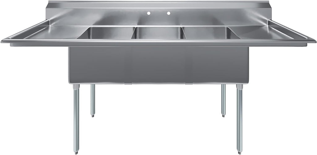 Stainless Steel Prep & Utility Sink | 304 Stainless Steel | Restaurant, Kitchen, Laundry, Garage | NSF (23 in. x 90 in. | Three Bowls | 2 Drainboards)