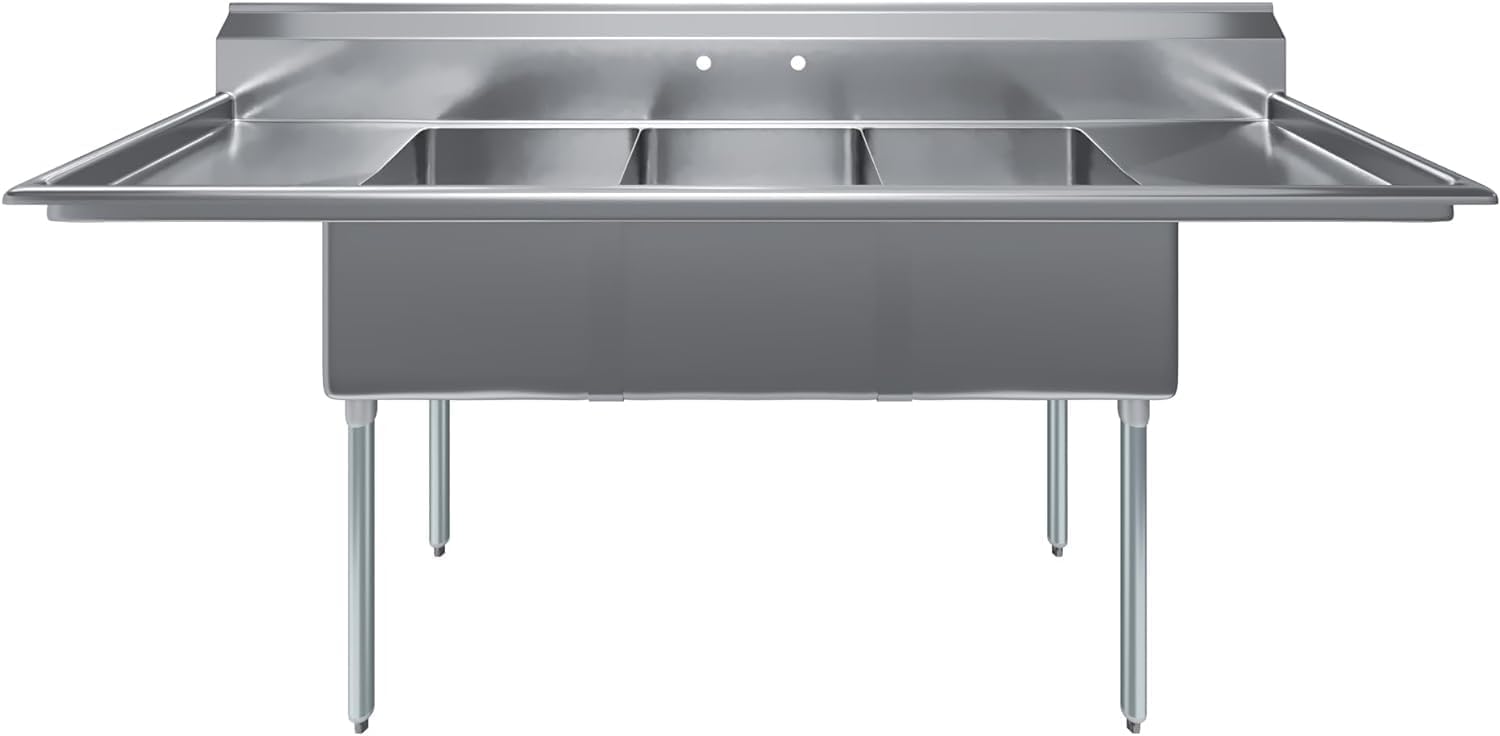 Stainless Steel Prep & Utility Sink | 304 Stainless Steel | Restaurant, Kitchen, Laundry, Garage | NSF (23 in. x 90 in. | Three Bowls | 2 Drainboards)
