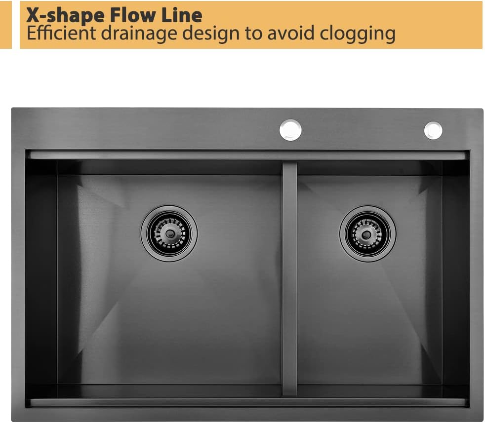 33 Inch Black Drop In Double Bowl Kitchen Sink Workstation-Bokaiya 33x22 Drop In Kitchen Sink Top Mount Workstation Sink 16 Gauge Stainless Steel Low Divide 60/40 Double Sink with Cutting Board