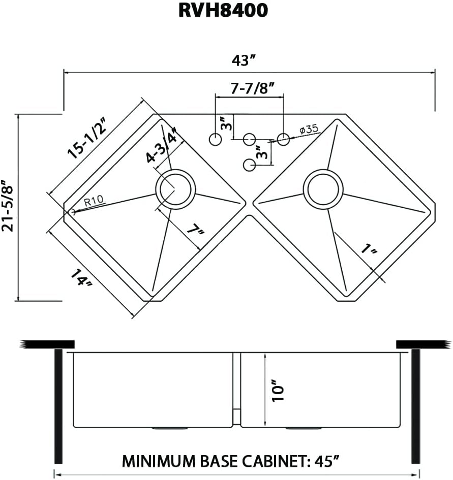 Ruvati Undermount Corner Butterfly Kitchen Sink 16 Gauge 44 inch Double Bowl Stainless Steel - RVH8400
