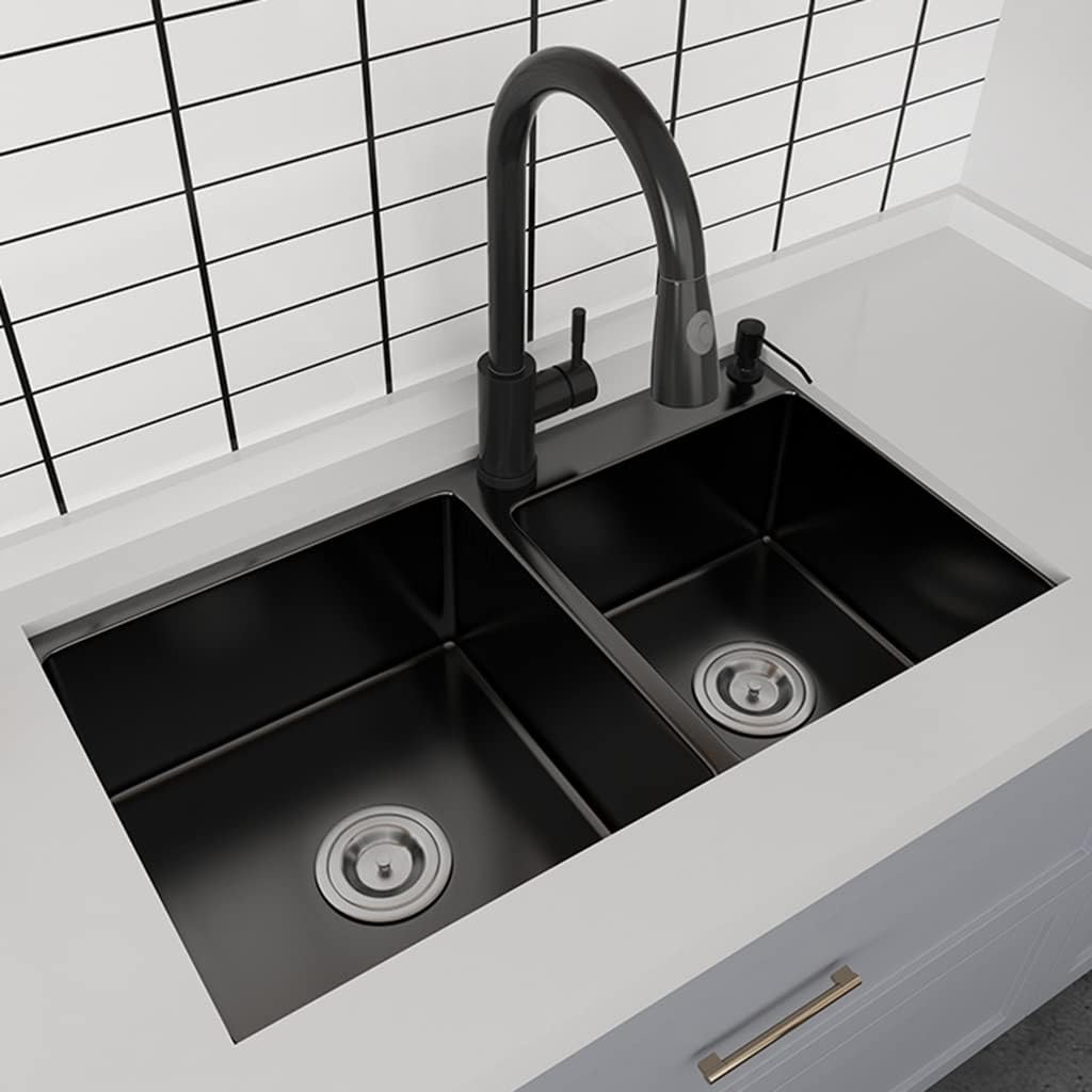 Kitchen Sink Double Bowls Bar Prep 304 Stainless Steel RV Sink with Drain Top Mount Or Undermount for Kitchen Courtyard Office Bar (Color : Black, Size : 72x40x22cm) (Black 72x40x22cm)