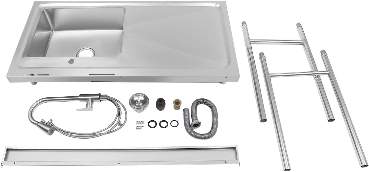 Commercial Sink, 201 Stainless Steel Sink With Cold and Hot Water Faucet Indoor Floor Standing Sink for Kitchen Hotel Restaurant Storage Shelves Prep Table Workbench Utility Sink