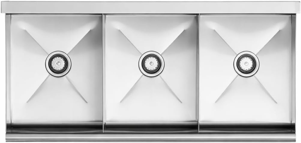 Commercial Stainless Steel Utility Sink with Backsplash, Triple 16' x 21' x 14' Deep Bowls, 16-Gauge Construction - for Janitorial Area, Commercial Kitchen, Garage, Laundry Room