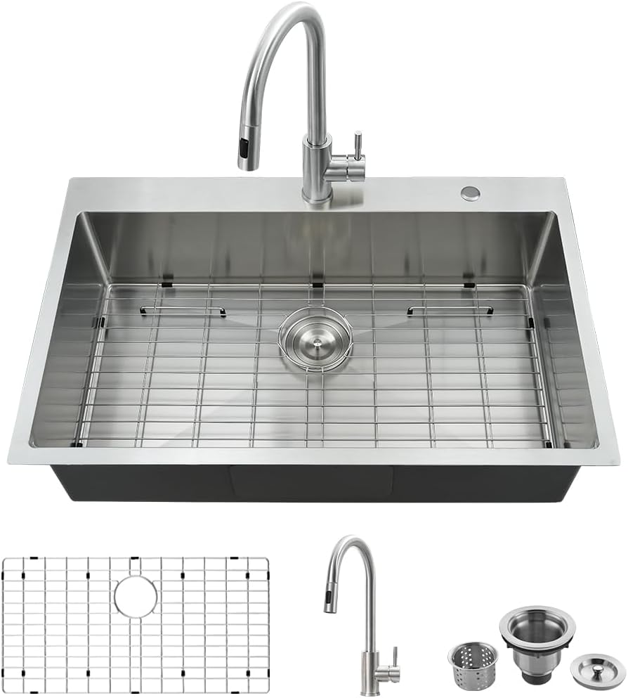 33 x 22 Drop In Kitchen Sink and Faucet Combo Set-VASOYO Stainless Kitchen Sinks Drop In Topmount Stainless Steel Deep Single Bowl Overmount Sink with Faucet