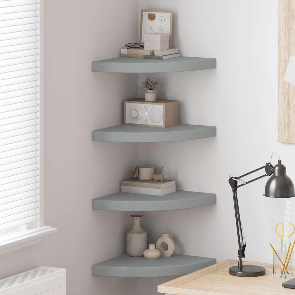 Set of 4 Floating Corner Shelves, Wall Mounted Triangular Display Storage Rack for Bedroom, Living Room, Kitchen, Modern Matte Grey MDF Wood