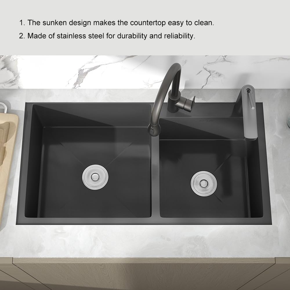 KunMai 32' Black Double Bowl Kitchen Sink Stainless Steel Bar Sink Drop-In Kitchen Sink with Drain and Overflow