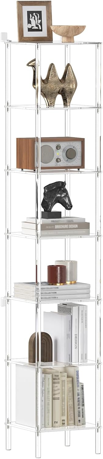 7-Tier Square Acrylic Bookshelf, Clear Tall Narrow Bookcase for Small Space, Corner Open Display Book Shelves for Home Office, Living Room, Bedroom, Modern, 11.6''W x 63.7''H