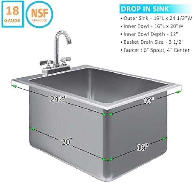 Premium Quality Stainless Steel Compartment Drop-In Sink for Kitchen, Laundry and Garage | Commercial Sink for Restaurant | NSF Certified (1 Bowl 16' x 20' x 12' with Faucet)