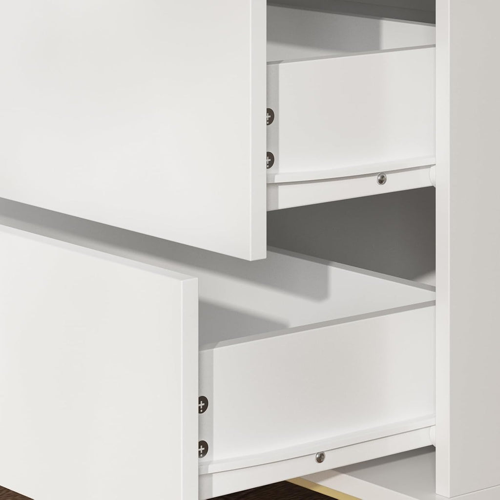 Large White Nightstand Modern End Table with 3 Drawers, Gold Metal Handles & Legs, Bed Side Table for Living Room, White and Gold, 31.5'W x 15.7'D x 29.5'H