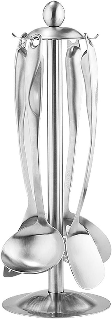 Stainless Steel Cooking Utensils Set with Holder, 5-Pieces All Metal Kitchen Utensils, Kitchen Tools with Countertop Rotating Stand