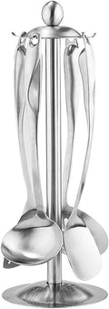 Stainless Steel Cooking Utensils Set with Holder, 5-Pieces All Metal Kitchen Utensils, Kitchen Tools with Countertop Rotating Stand