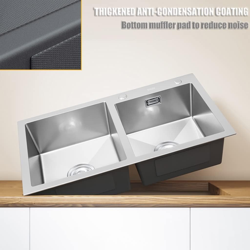 Brushed Double Bowl Kitchen Sink Prep Sink Rv Sink with Faucet & Drain Assembly Drop in or Undermount (D-82 * 45 * 21Cm