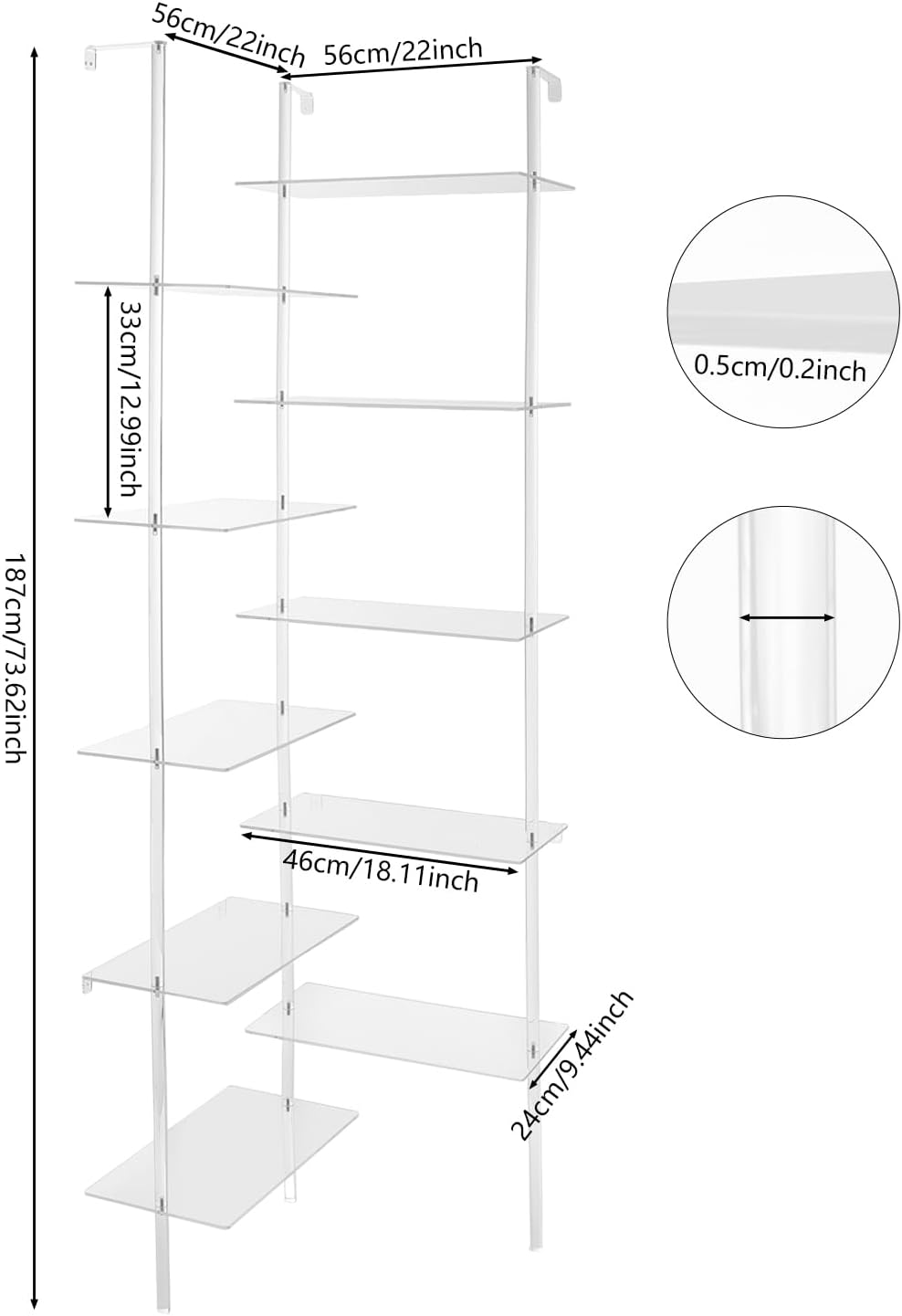 Acrylic Corner Bookshelf, 5-Tier Wall Mounted Clear Ladder Bookcase with 10 Open Shelves, Modern Display Book Shelf for Living Room, Bedroom, Bathroom, 22''Dx22''Wx73.62''H
