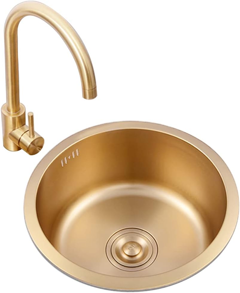 Kitchen Sink Single Bowl Bar Prep Stainless Steel with Faucet & Drain Golden RV Sink Drop-in Or Undermount (Color : Gold, Size : 36×36×19cm) (Gold 40×40×19cm)