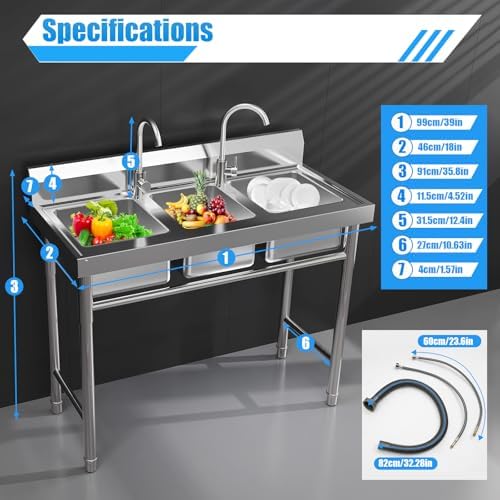3-Compartment Sink, Stainless Steel Utility Sink with Hot & Cold Faucets, Freestanding Commercial Triple Bowl Kitchen Sink for Bars and Kitchens