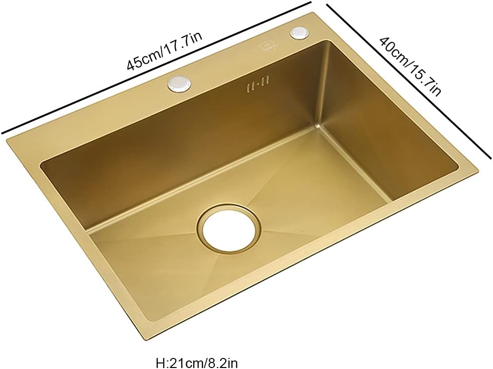 Kitchen Sink Single Bowl Bar Preparation 304 Stainless Steel with Drain Pipe and Drain Basket Drop-in Or Undermount (Color : Gold, Size : 45×40×21cm) (Gold 45×40×21cm)