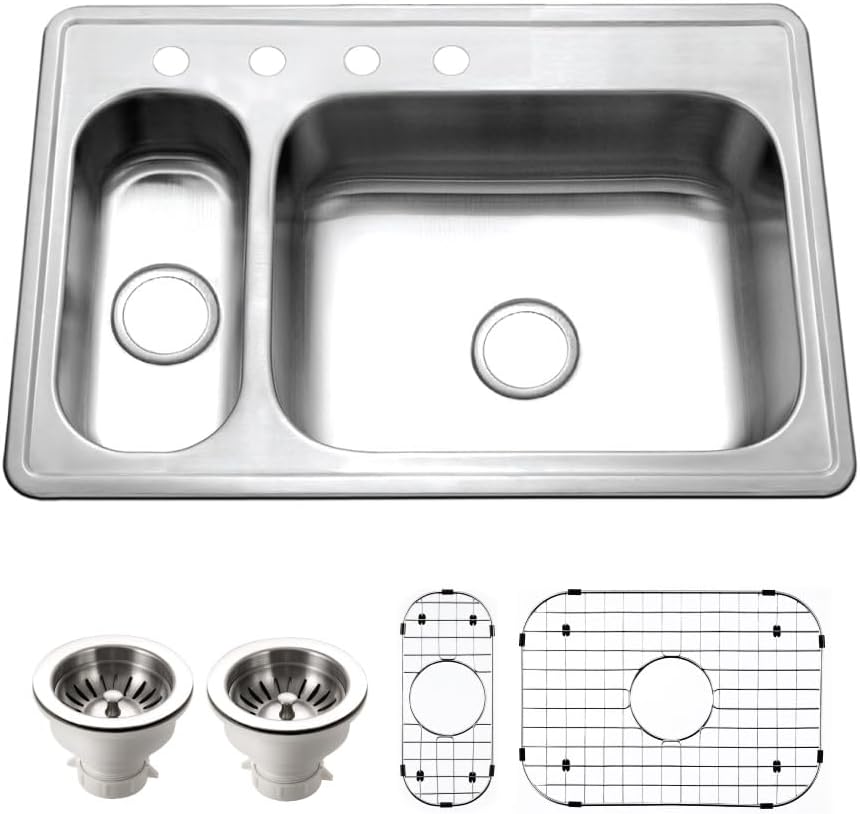Houzer Legend Stainless Steel Kitchen Sink: 33 Inch Topmount 4-Hole 80/20 Small Left Double Bowl Sink with Strainer & Grids, Durable & Versatile, Essential for Home & Apartment: LHD-3322-C