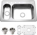 Houzer Legend Stainless Steel Kitchen Sink: 33 Inch Topmount 4-Hole 80/20 Small Left Double Bowl Sink with Strainer & Grids, Durable & Versatile, Essential for Home & Apartment: LHD-3322-C