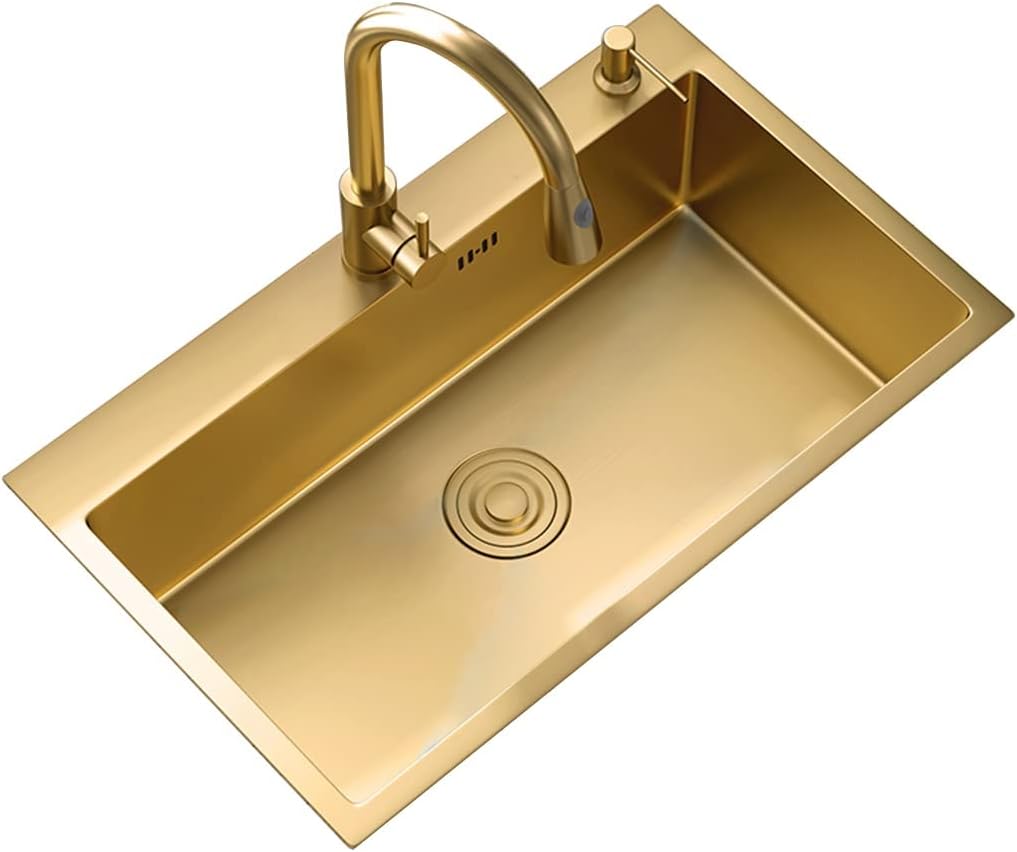 Kitchen Sink 304 Stainless Steel RV Sink Single Bowl Bar Preparation with Pull-Out Faucet and Installation Kit Drop-in Or Undermount (Color : Gold, Size : 72x45x21cm) (Gold 72x45x21cm)