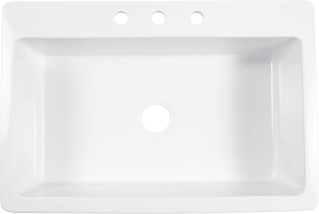 Sinkology Jackson 33 Inch Drop-In Fireclay Kitchen Sink White Single Bowl – Deep Basin, 3 Pre-Drilled Faucet Holes, Fits 36 Inch Cabinet