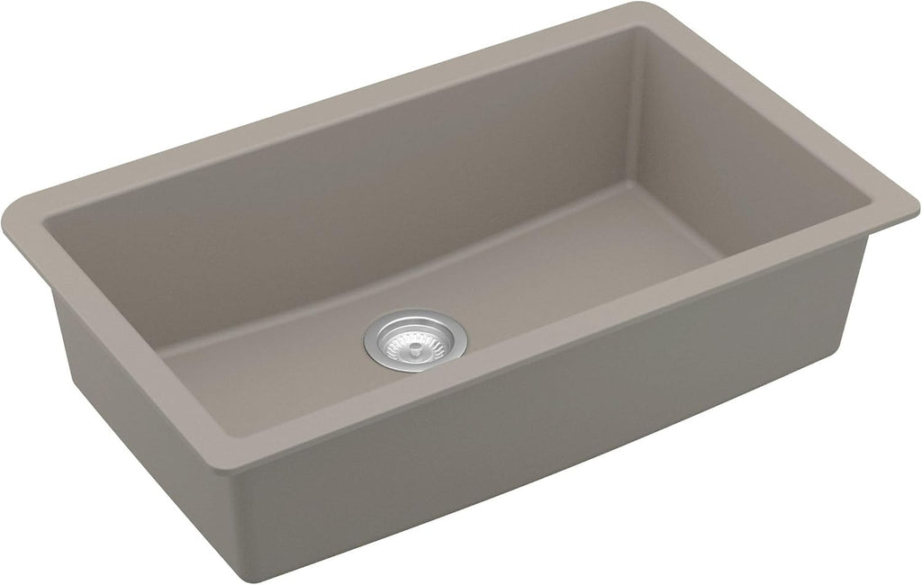 Karran Undermount 33' Large Single Bowl Granite Quartz Composite Kitchen Sink in Concrete – Extra Deep 9' Basin, Heat & Scratch Resistant, Sound Dampening, Rear Drain – QU-812