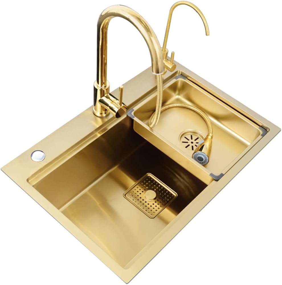 Kitchen Sink Stainless Steel Metal Dishwashing Pool Gold Single Bowl Bar Prep with Pull Out Faucet & Movable Basin Drain Component (Color : Gold, Size : 75x46x22cm) (Gold 75x46x22cm)